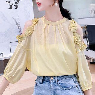 Flower Detail Cold Shoulder 3/4-sleeve Blouse