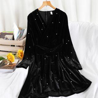 Studded Long-sleeve Midi A-line Velvet Dress