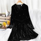Studded Long-sleeve Midi A-line Velvet Dress