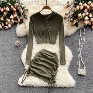 Set Of 2: Long-sleeve Hooded Top + Drawstring Skirt