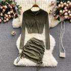 Set Of 2: Long-sleeve Hooded Top + Drawstring Skirt