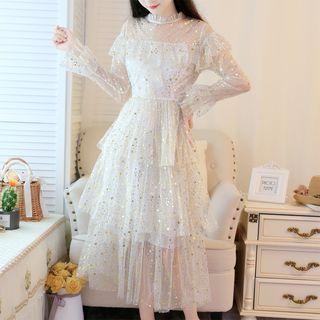 Long-sleeve Ruffled Star Patterned A-line Midi Tiered Dress