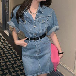 Set: Short-sleeve Washed Denim Mini Shirt Dress + Belt