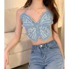 Butterfly Embroidered Halter Sleeveless Top