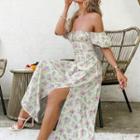 Short-sleeve Lace-up Floral Print A-line Maxi Dress