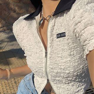 Short-sleeve Letter Embroidered Zipped Cropped T-shirt