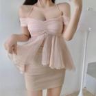 Cold-shoulder Mesh Blouse / Pencil Skirt