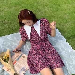 Puff-sleeve Contrast Collar Floral Print A-line Mini Dress