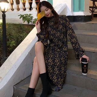 Long-sleeve Floral Print Midi A-line Dress / Coat