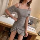 Off-shoulder Drawstring Ruffle Mini Dress