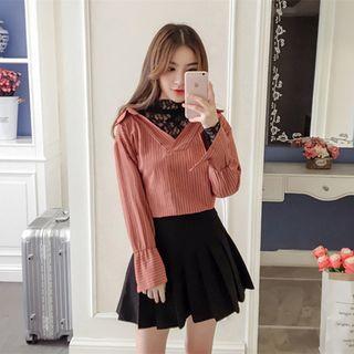 Mock Two Piece Lace Panel Striped Shirt