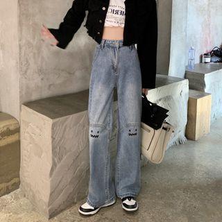 Mid Rise Smiley Face Wide Leg Jeans