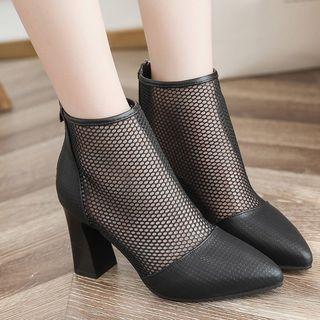 Fishnet Paneled Pointed Chunky Heel Short Boots