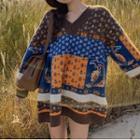 V-neck Patterned Sweater Blue & Tangerine & Brown - One Size