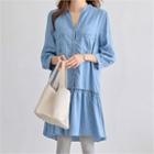 3/4-sleeve Ruffle-hem Denim Shirtdress Sky Blue - One Size