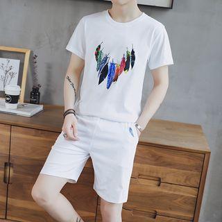 Set: Leaf Print Short Sleeve T-shirt + Drawstring Shorts