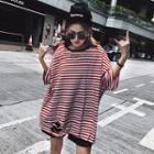 Striped Elbow-sleeve Ripped T-shirt