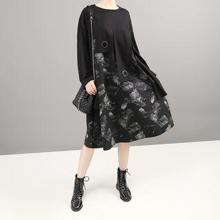 Mock Two-piece Long-sleeve Midi Shift Dress Black - One Size