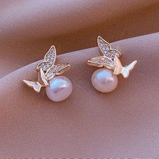 Butterfly Rhinestone Faux Pearl Earring 1 Pair - Stud Earring - Gold - One Size