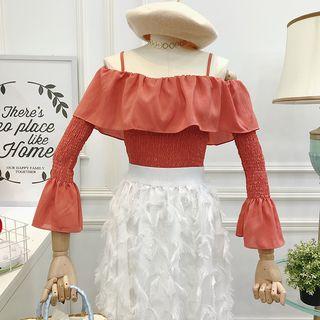 Cold-shoulder Bell-sleeve Smocked Top
