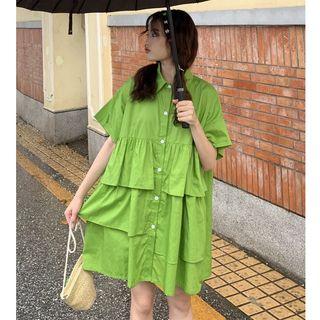 Elbow-sleeve Ruffled A-line Shirt Dress