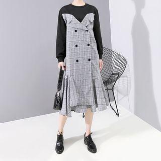 Mock Two-piece Plaid Long-sleeve Midi Dress