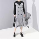 Mock Two-piece Plaid Long-sleeve Midi Dress