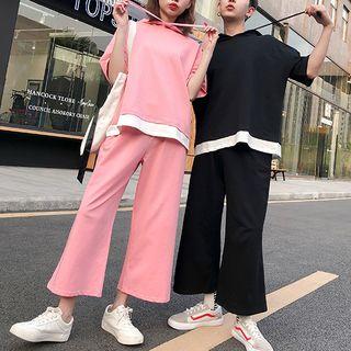 Set: Contrast Trim Elbow Sleeve Hoodie + Pants