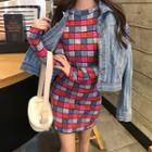 Color-block Check Long-sleeve Slim-fit Dress As Figure - One Size