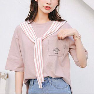 Elbow-sleeve Sailor-collar T-shirt T-shirt - Mauve Pink - One Size
