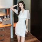 Short-sleeve V-neck Mesh Panel Mini Sheath Dress