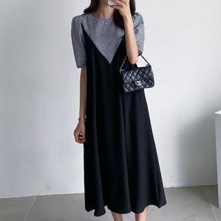 Puff-sleeve Two Tone Dress Black - One Size
