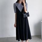 Puff-sleeve Two Tone Dress Black - One Size