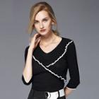 3/4-sleeve Contrast Trim Ruffle Sweater