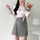 Contrast Trim Blouse / High Waist A-line Skirt