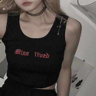 Lettering Embroidered Sleeveless Cropped Knit Top Black - One Size