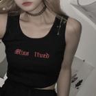 Lettering Embroidered Sleeveless Cropped Knit Top Black - One Size