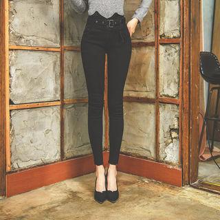 High-waist Fray-hem Skinny Jeans With Belt