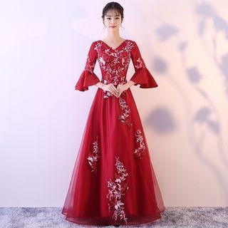 V-neck Flared-cuff Evening Gown