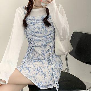 Long-sleeve Sheer T-shirt / Spaghetti Strap A-line Mini Dress