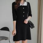 Contrast-collar Elbow-sleeve Knit Dress Black - One Size