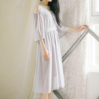 Cold Shoulder 3/4-sleeve Midi Chiffon Dress