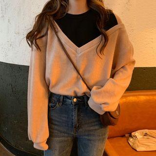 Mock Two-piece Cold Shoulder Sweater As Shown In Figure - One Size