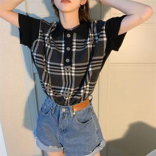 Short-sleeve Plaid Knit Polo-shirt Black - One Size
