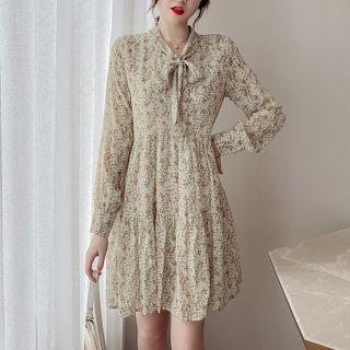 Long Sleeve Bow Neck Floral Chiffon Dress