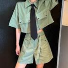 Short-sleeve Plain Cargo Cropped Top / High-waist Plain Wide-leg Shorts