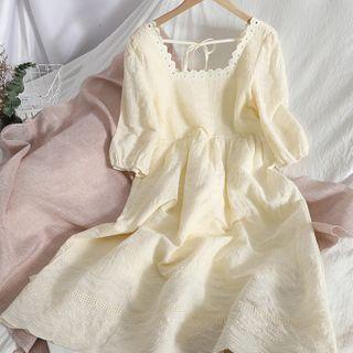 Elbow-sleeve Eyelet Midi Dress