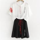 Set: Chinese Character Short-sleeve T-shirt + A-line Skirt White - One Size