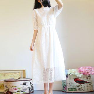 Set: Elbow-sleeve Midi A-line Lace Dress + Undershorts