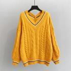 Contrast Trim V-neck Cable Knit Sweater
